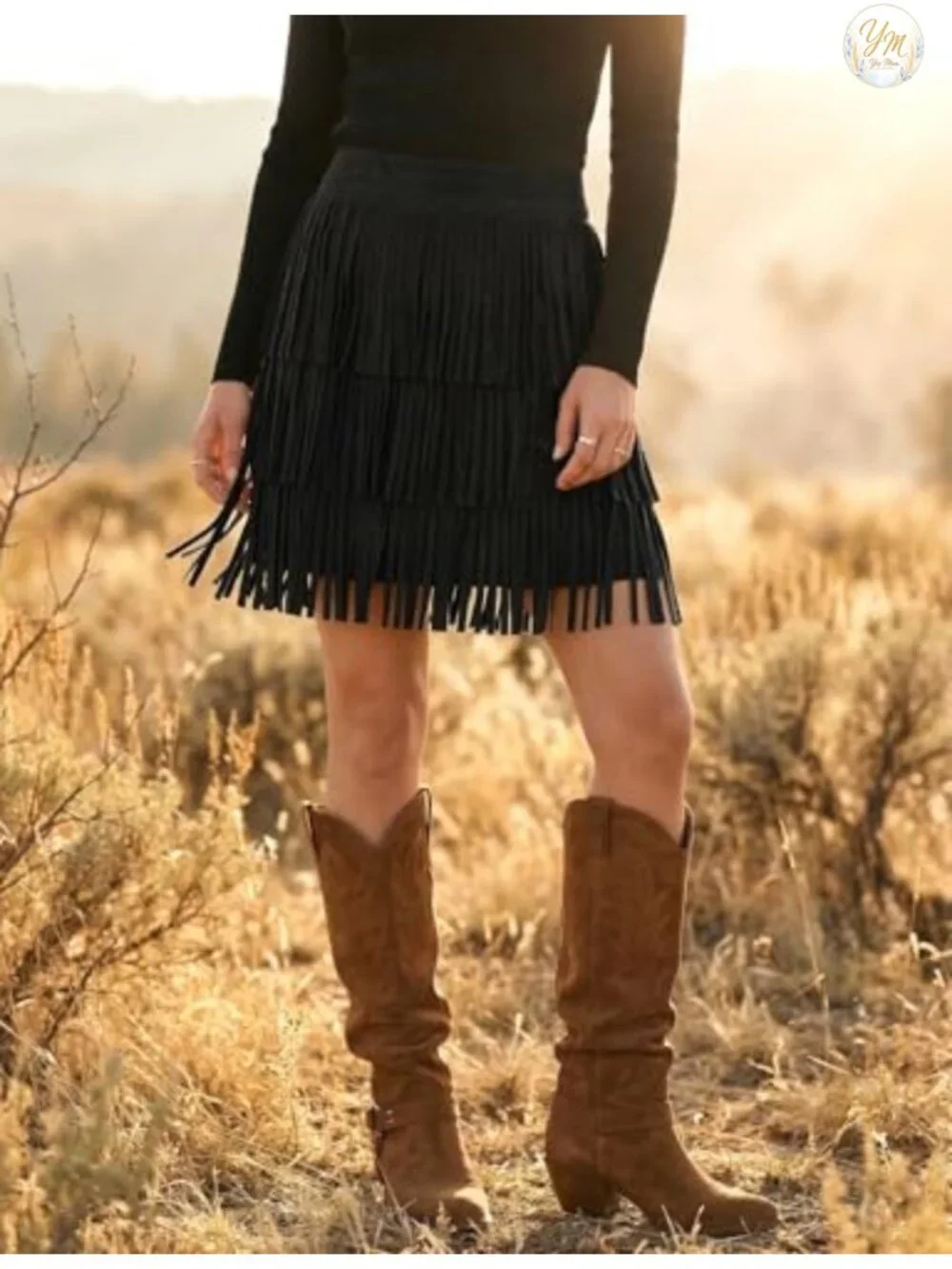 Suede Fringe Skirt Multilayered Tassel Boho Midi Skirt Cowgirl Western Party